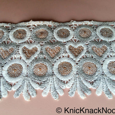 Silver, White And Brown Circle And Heart Embroidered Cotton And Shimmer Thread Zari Lace Trim, Approx. 90mm wide - 200317L79